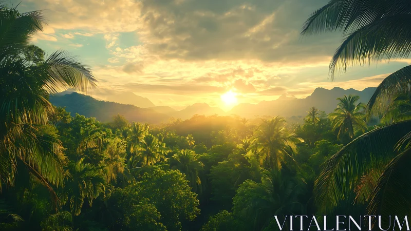Sunrise orchestra over emerald jungle canopies and misty peaks.