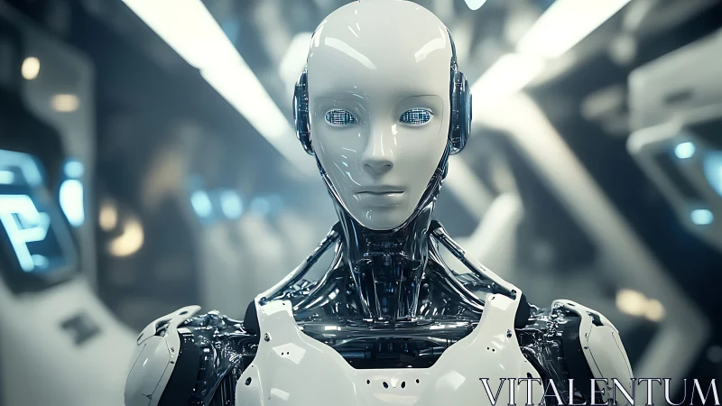 Bipedal humanoid service android with chrome exoskeleton and LEDs