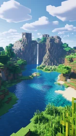 Sunlit pixel river winds toward a peaceful cliffside castle