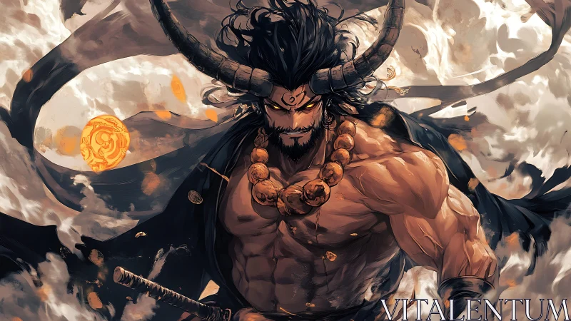 Horned warrior strides through swirling storm of divine fire.