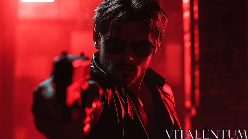 Armed man in leather jacket under intense red lighting.