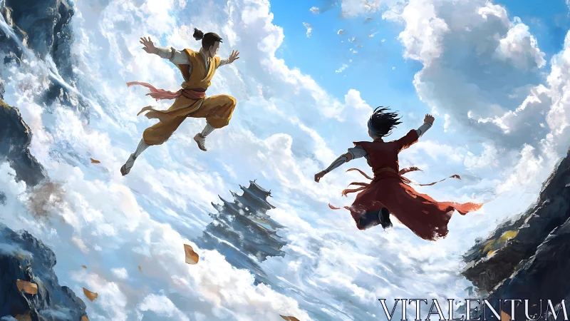 Two young warriors leap boldly toward a sky temple.