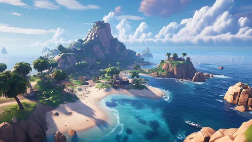 Fantasy Island Paradise with Towering Rock Formation.