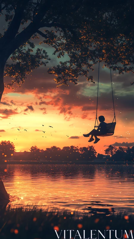 Silhouette of child on lakeside swing at low sun over water