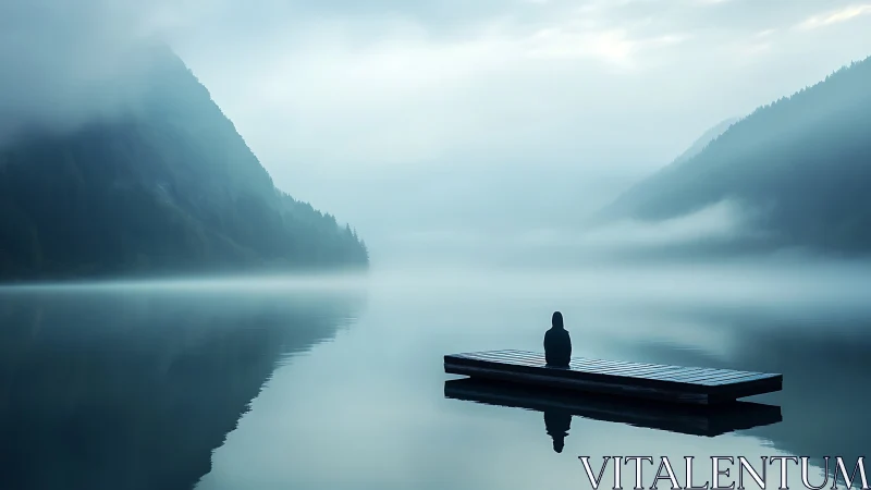 Solitude wrapped in lake-mist on a drifting wooden raft.