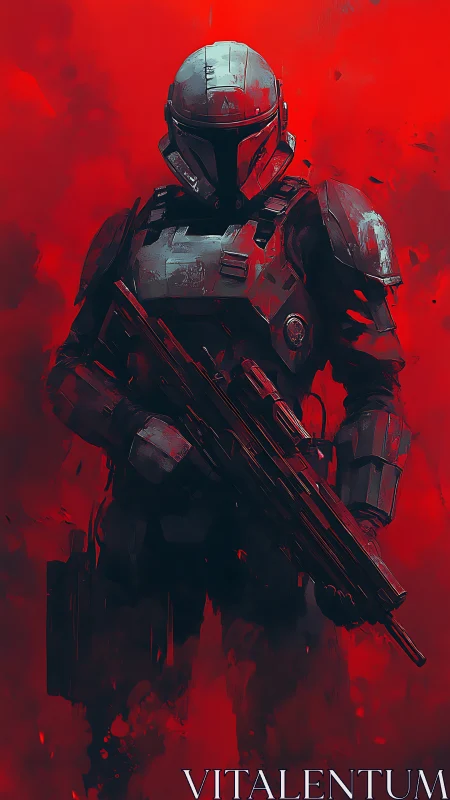 Armored sci fi soldier with rifle in red abstract field.