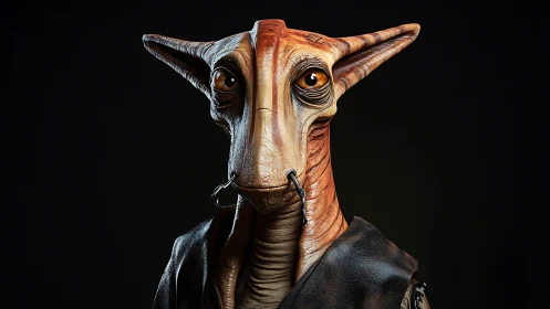 Alien portrait shows textured amphibian humanoid under rim light