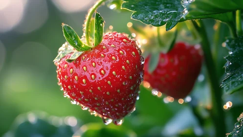 Ripe garden strawberry glistens with morning dew droplets.