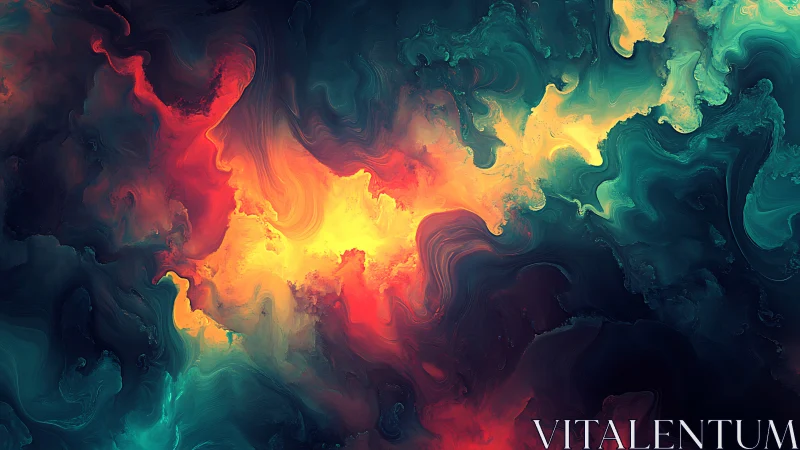 Luminous nebula swirls in molten teal, ember, and gold.