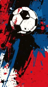 Soccer ball graphic over red, blue, black paint splashes