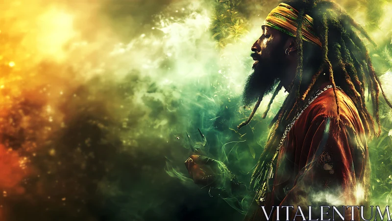 Dreadlocked sage drifts through emerald smoke and sunfire.