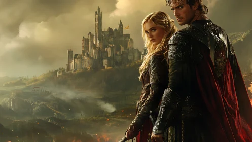 Valiant duo guarding a golden-lit fantasy castle realm.