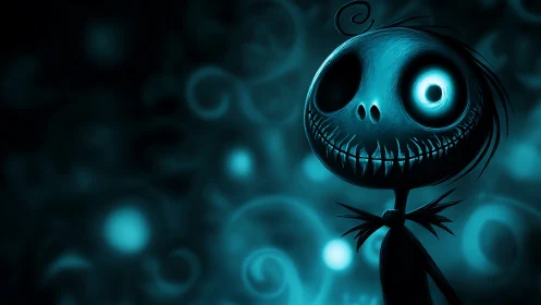 Glowing skeletal figure in eerie teal dreamscape portrait.