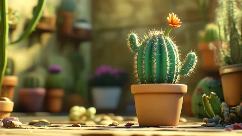 Cylindrical cactus in terracotta pot under shallow depth of field