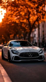 Silver speedster prowls beneath a boulevard of burning leaves