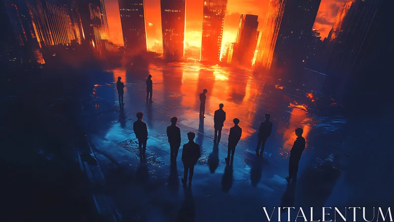 Silhouetted figures stand on wet ground before burning city