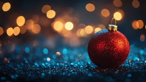 Crimson Christmas bauble glows amid sapphire holiday bokeh.