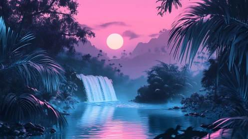 Neon jungle waterfall glows under vivid pink twilight sun