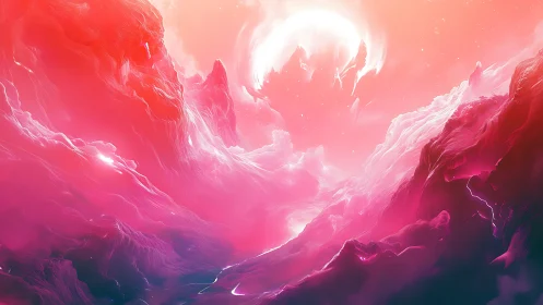 Vivid alien landscape under glowing celestial light.