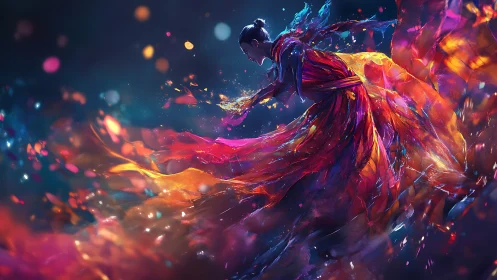 Digital painting depicts a figure in motion amid vivid colors