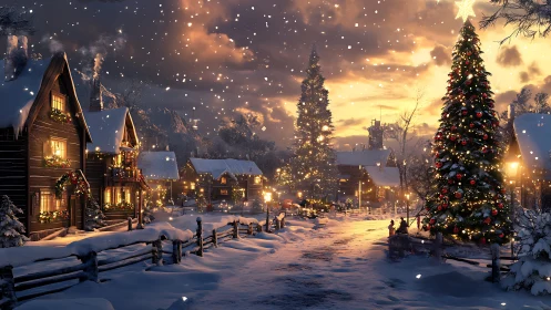 Snowy village street with glowing Christmas tree at dusk.