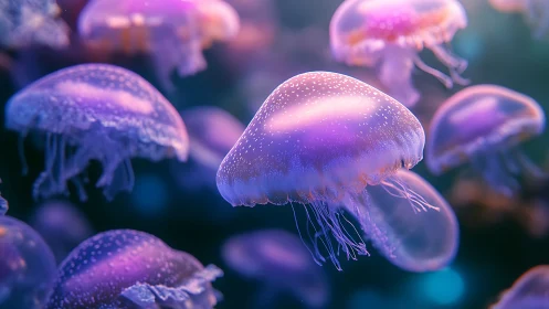 Group of luminescent jellyfish suspended in blue water.