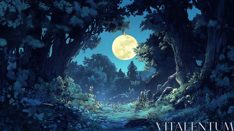 Moonlit Forest Cave - A Serene Night Landscape