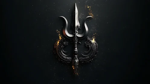 Forged trident emblem erupts with molten ember sparks.