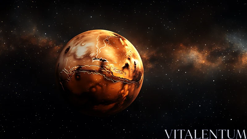 Detailed orange planet orbits silently within dense starfield