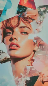 Surreal portrait collage of woman with vivid travel scenes