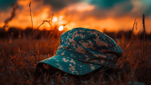Camouflage cap resting softly in a warm sunset field.