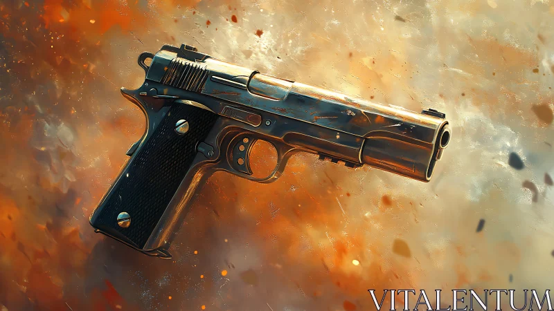 Dramatic metallic handgun glowing in swirling warm light.