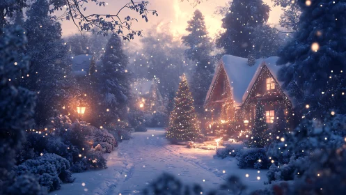 Snow-covered cottage and path with illuminated winter decor.