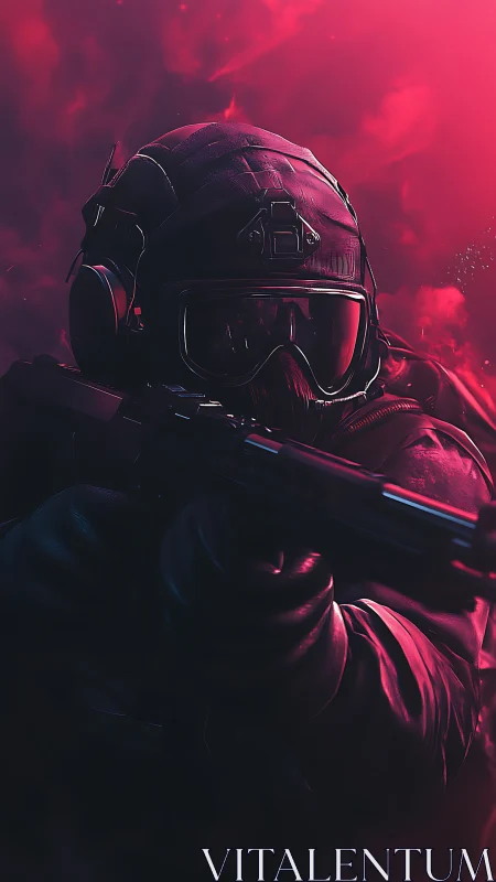 Tactical operator in neon volumetric haze, rifle ready stance.