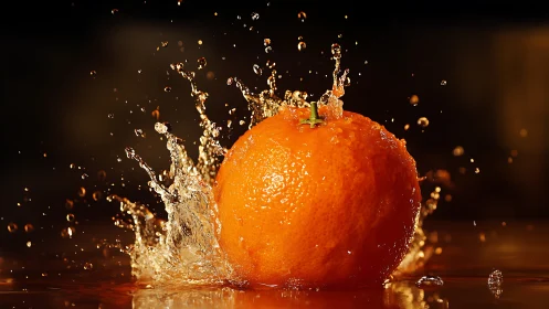 Orange captured mid splash in detailed water motion.