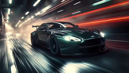 Midnight supercar rockets through neon-lit tunnel haze.