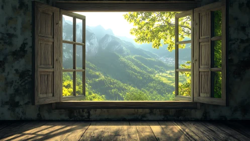 Sunlit valley framed by timeworn wooden window dreams.