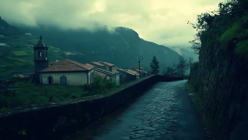 Misty mountain village road whispers toward the hidden valley