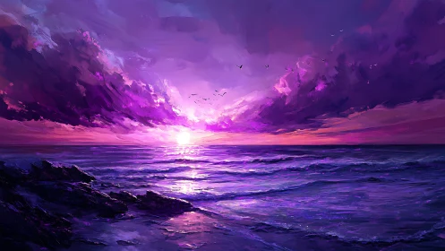 Digital seascape with violet sunset and distant shoreline.