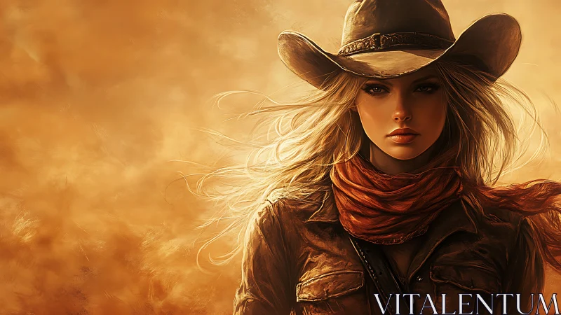 Cowgirl portrait in dusty golden western desert scene.