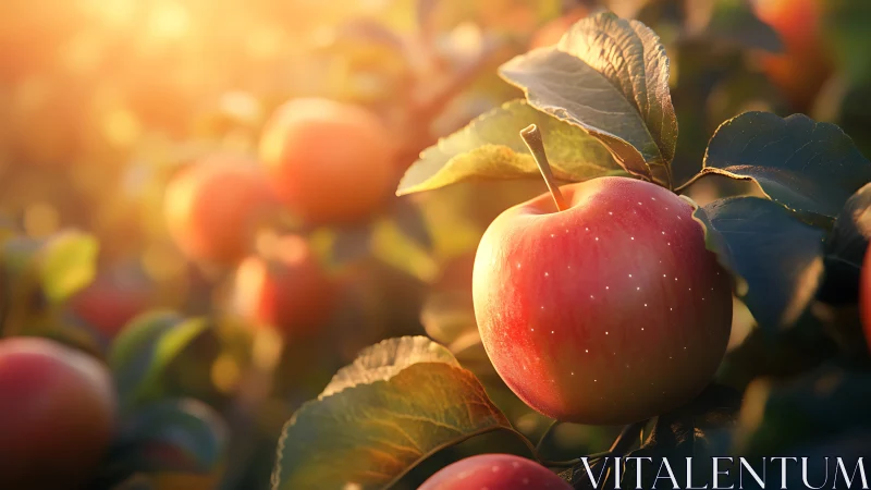 Sunlit macro study of ripe orchard apple and foliage in bokeh field.