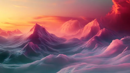 Dreamlit frost mountains under molten cotton skies.