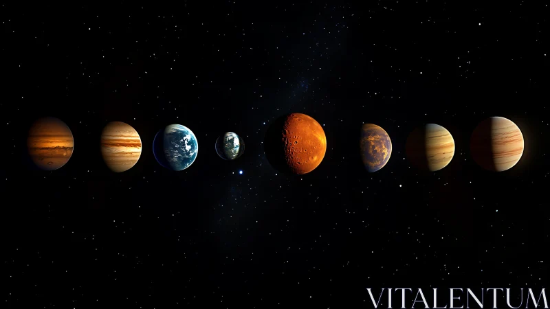 Digital lineup of stylized exoplanets against deep starfield