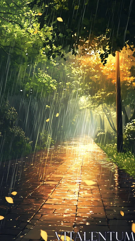 Rainy park path under warm sunset light and trees.