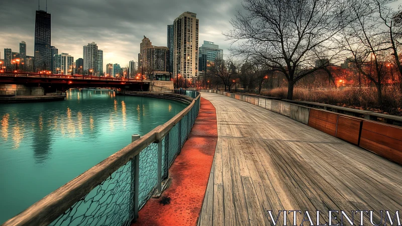 Quiet riverside boardwalk leading toward a glowing city sunset.