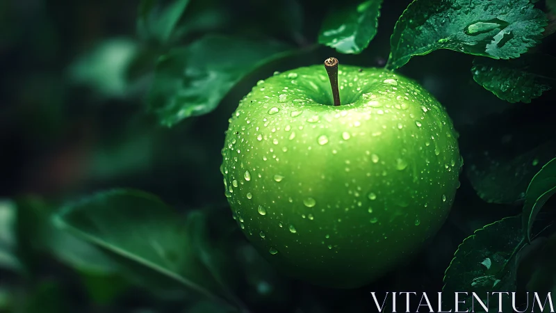 Green apple hangs in dark foliage with fresh water droplets
