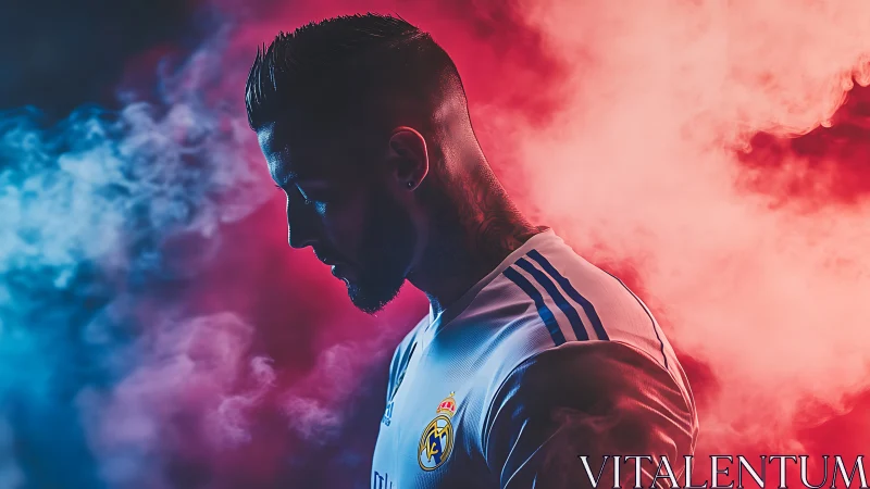 Moody football portrait in dramatic blue and red smoke.