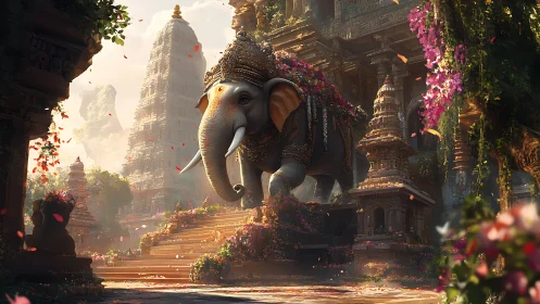 Levitating caparisoned elephant amid ornate temple ruins at dawn