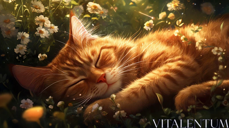A Ginger Cat Dreams Among Golden Flowers and Gentle Light