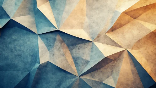 Geometric low-poly planes form textured blue and gold surface